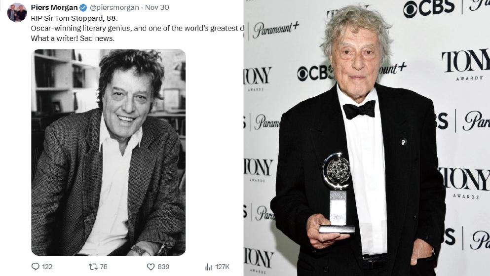 奧斯卡編劇Tom Stoppard病逝  名咀Piers Morgan發文悼念