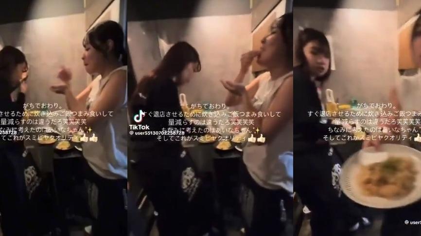 左至右：店員用手從餐碟拿取食物，放入嘴裡吃，又將食物遞給拍片的同事。(互聯網)