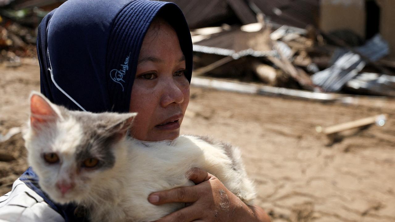 印尼水災｜Chubby貓咪困瓦礫堆1周奇蹟獲救　主人Ratnawati 落淚迎接。（路透社）