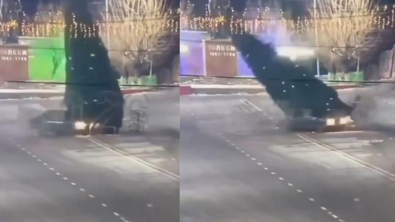 哈薩克司機甩尾撞塌12米聖誕樹 被罰修復還原(有片)