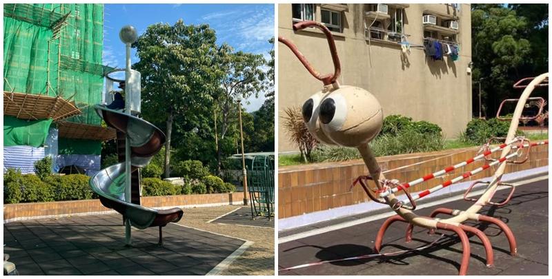 大埔宏福苑五級大火後，多個位於宏福苑外的兒童遊樂設施被拆除，包括經典鐵滑梯、毛毛蟲爬行架等。(everyday.9upper@Threads)