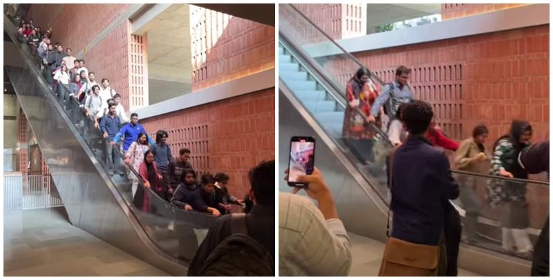 孟加拉達卡一所大學一條扶手電梯疑因技術故障突然「加速」運行，多名學生嚇至尖叫，場面一度混亂(影片截圖)
