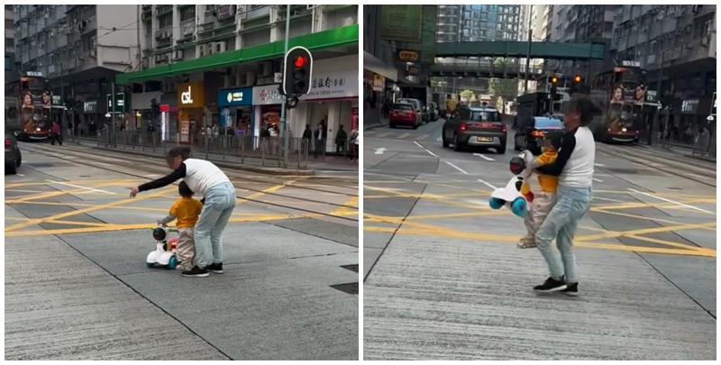 有電單車駕駛者目擊炮台山一名女子站在英皇道路中間十字路口扶住騎四輪車的小孩慢慢前行，小孩不肯向前，女子於轉燈前急忙連人帶車抱起走往路壆邊(Threads影片截圖)