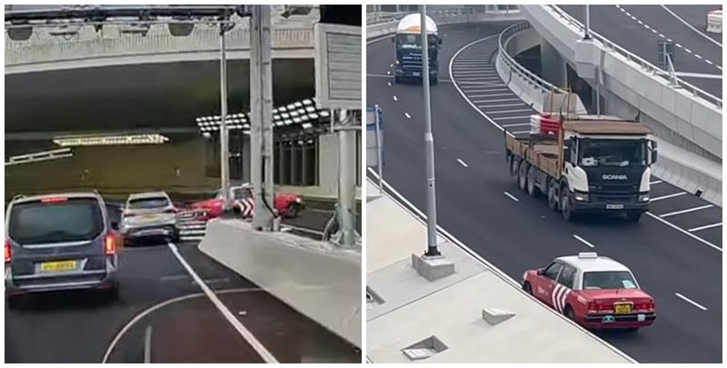 中九龍繞道（油麻地段）有的士「U-turn」後在西行郵輪碼頭入口逆線行車，其間有對頭車駛過。（Facebook 車cam L（香港群組））