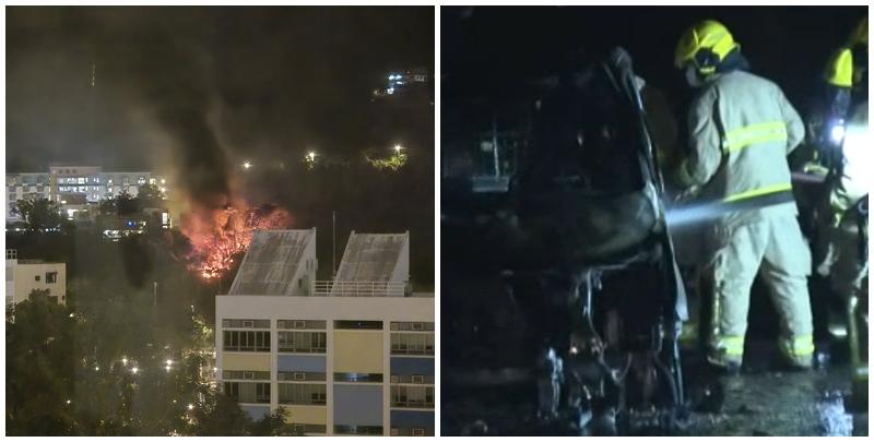 將軍澳發生縱火燒車案，多名市民報案，指靈實醫院旁的寶琳南路附近一條掘頭路有濃煙冒出並傳出巨響，火勢猛烈。消防到場約50分鐘後將火救熄(網上影片/now新聞台畫面)