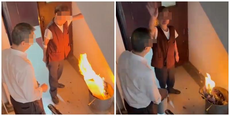 一名女住客拍到住所後樓梯，有年長男子燒街衣，保安亦在旁持水桶想淋熄火種(Threads)