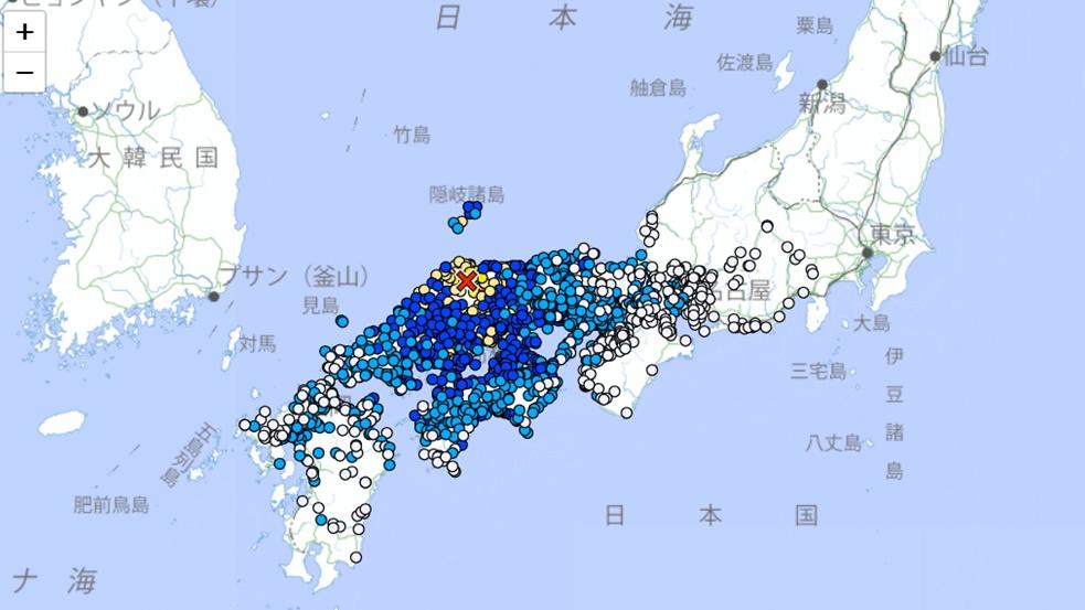 日本鳥取與島根6.2級地震，大阪、福岡都有搖晃。(日本氣象廳)