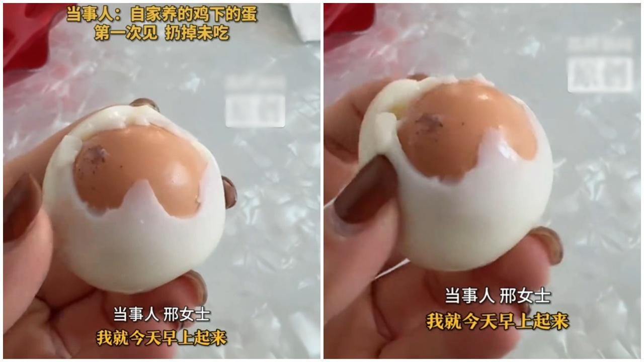 山東女驚見蛋中蛋，內地網民質疑假雞蛋，專家有解析。(微博)