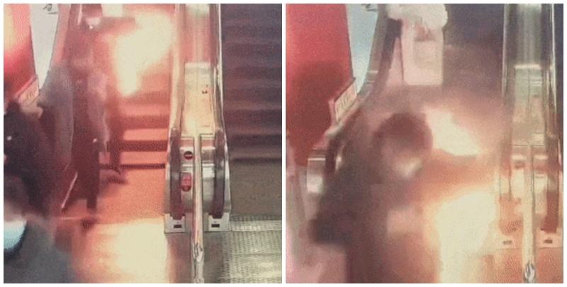 上海地鐵一名男子攜帶的尿袋起火，其身上外套燃燒，現場工作人員迅速將火撲滅。(影片截圖)