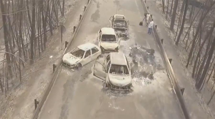 航拍片揭葡國山火慘況 汽車燒成廢鐵堆公路(有片)