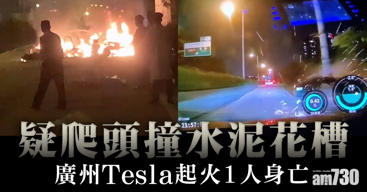 廣州Tesla撞水泥花槽起火 男乘客死亡
