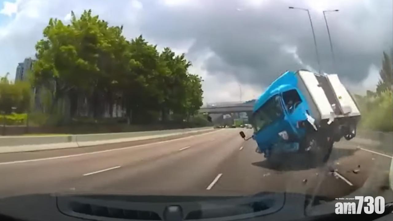 車Cam直擊｜疑閃避切線私家車 貨車吐露港公路失控翻側