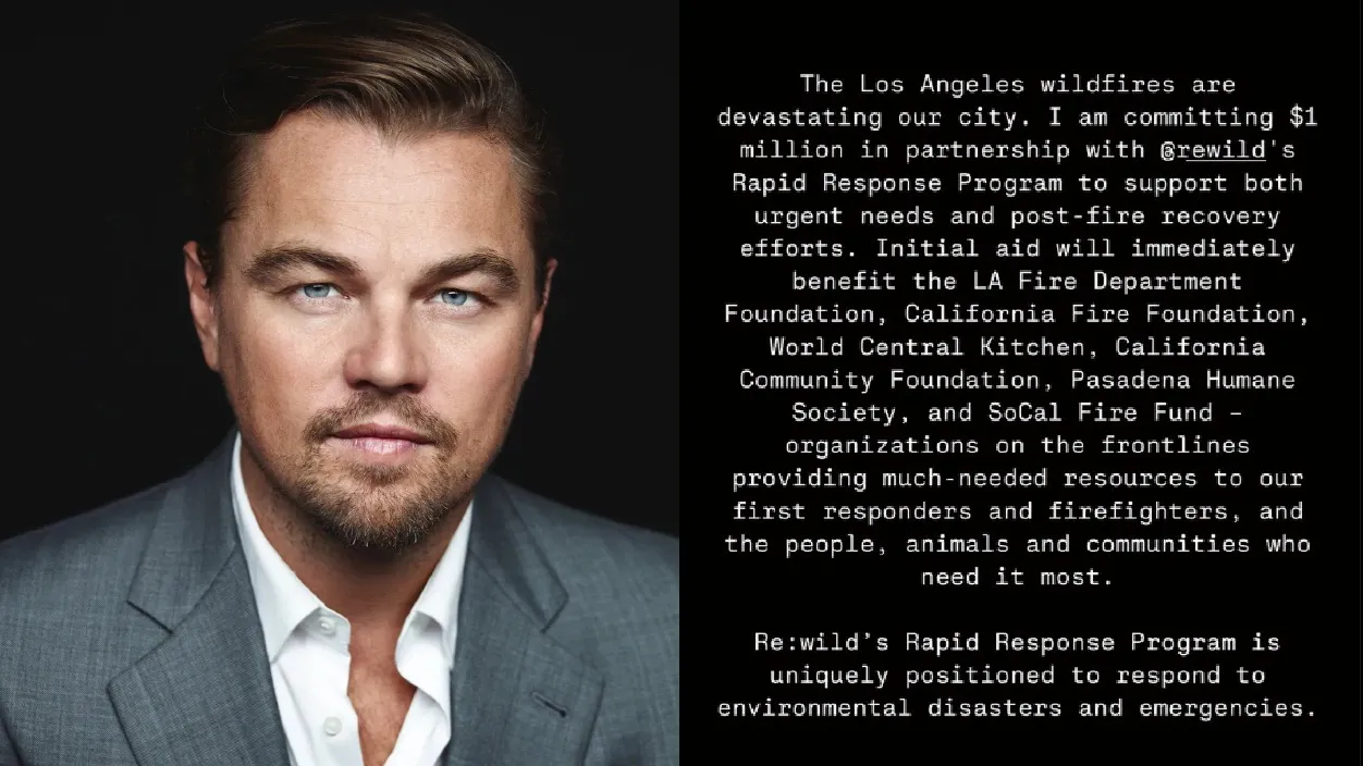 洛杉磯山火︱被罵偽君子後捐款778萬 里安納度助消防員與災後重建