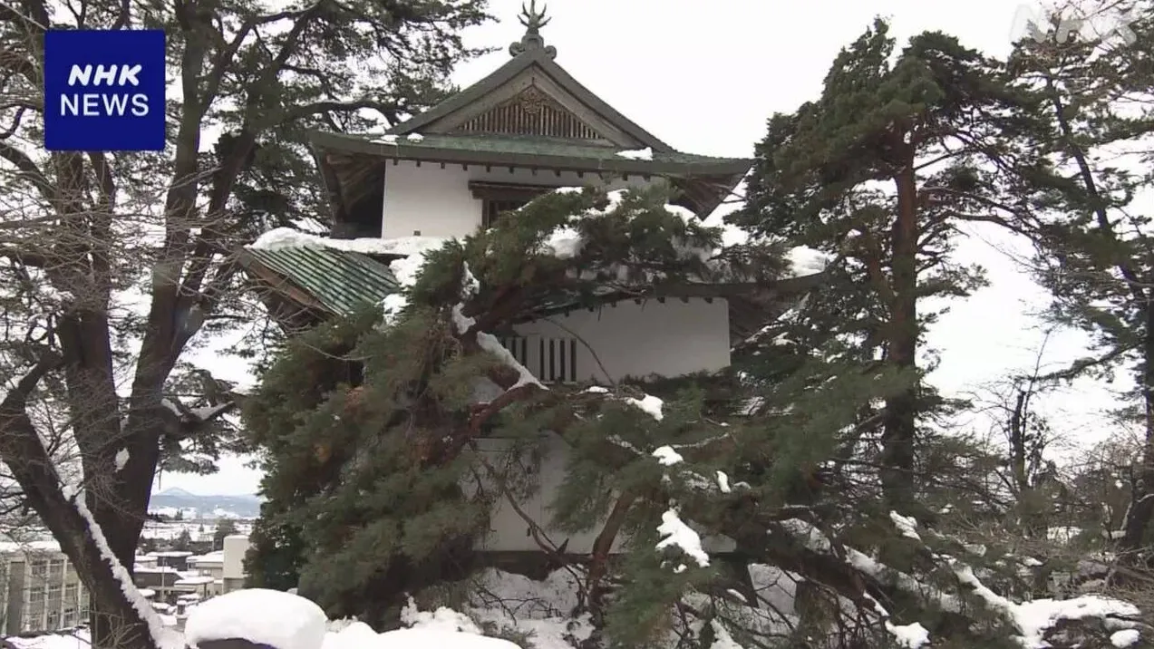青森知名旅遊景點弘前城瞭望樓外牆因大雪壓倒樹木而損毀。(互聯網)