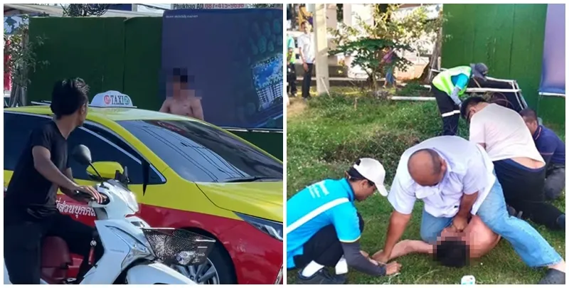 布吉島一名35歲港人男遊客上周一（12月23日）於布吉國際機場附近街頭與人爭執，期間上身赤裸，最後被數名大漢按地制服送院治理，當地警方其後澄清事件事主疑受精神疾病問題困擾。（《Phuket Times》facebook）