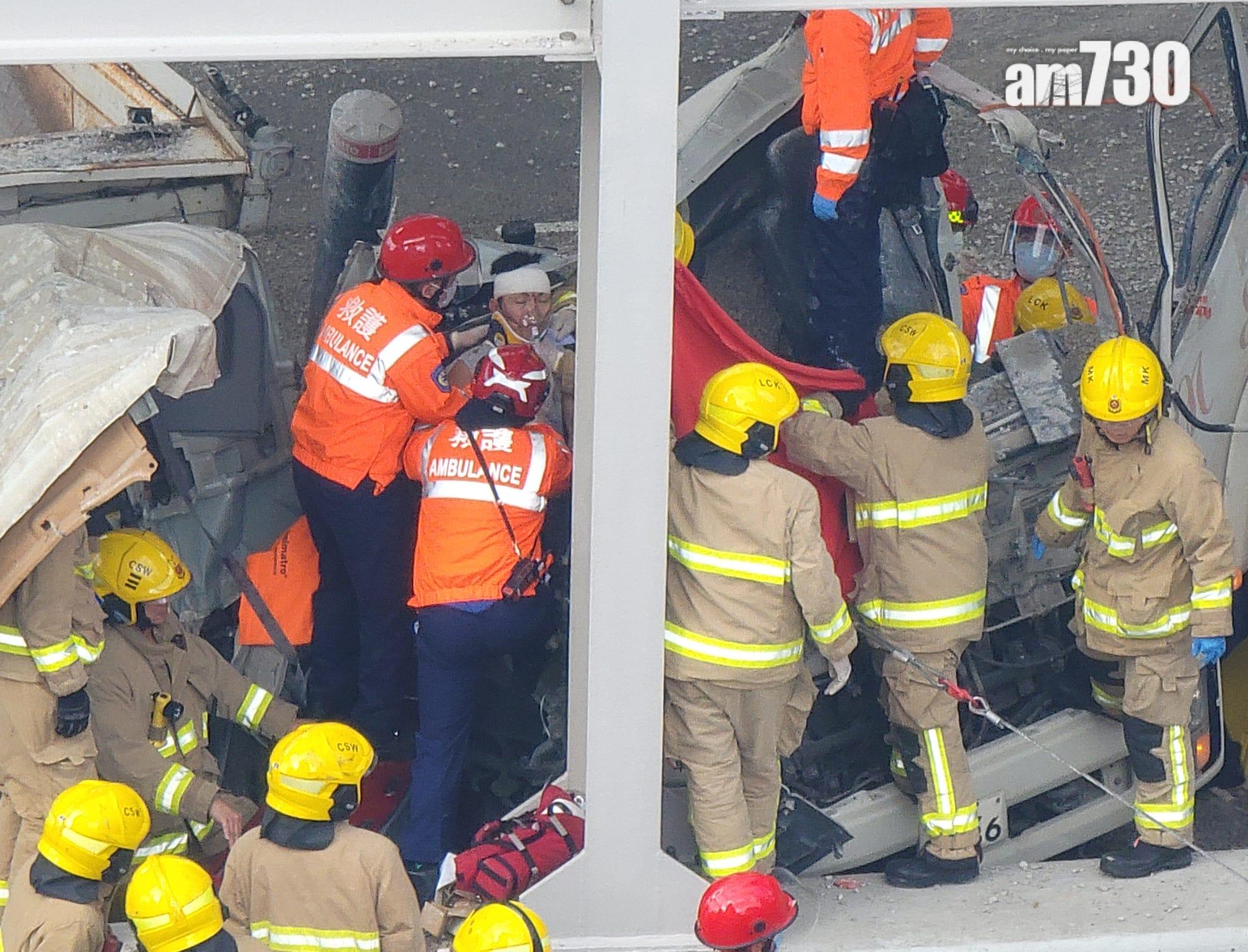 荔枝角青沙公路泥頭車撼法拉利後撞壆 司機頭傷被困 