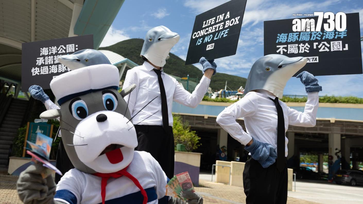 海洋公園外「海豚」集結，聲討園方違反承諾重辦海豚表演(蘇文傑攝)